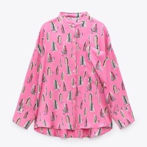 Zara Vibrant Pink Shirt with Artistic pen & ink cityscape Print S